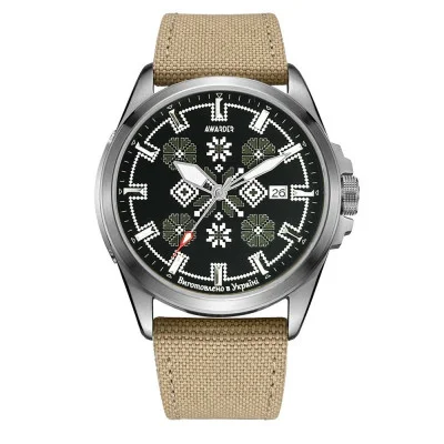 Патріотичний наручний годинник Awarder Embroidery Silver-Army Green Khaki Automatic 10ATM
