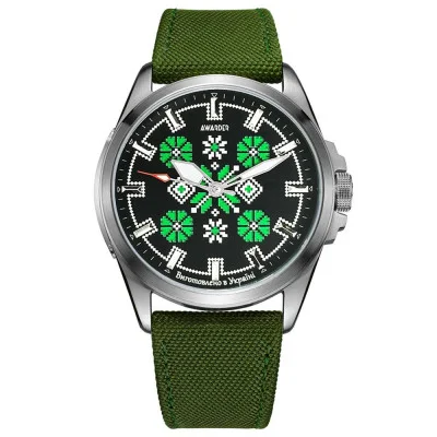 Патріотичний наручний годинник Awarder Embroidery Silver-Green Green Battery 10ATM