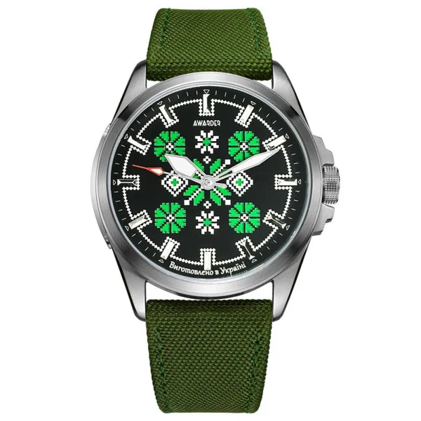 Патріотичний наручний годинник Awarder Embroidery Silver-Green Green Battery 10ATM фото 1