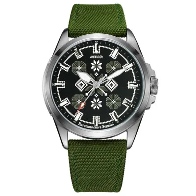 Патріотичний наручний годинник Awarder Embroidery Silver-Army Green Green Battery 10ATM