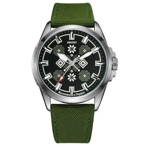 Патріотичний наручний годинник Awarder Embroidery Silver-Army Green Green Battery 10ATM фото 1