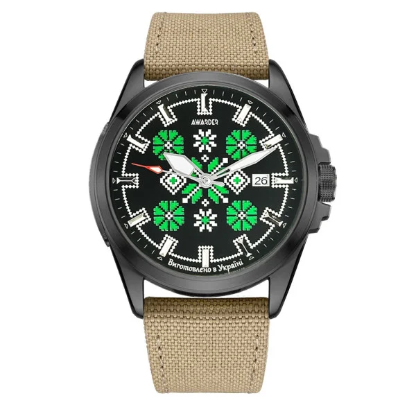 Патріотичний наручний годинник Awarder Embroidery Black-Green Khaki Automatic 10ATM фото 1