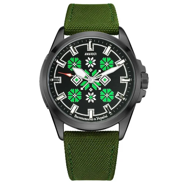 Патріотичний наручний годинник Awarder Embroidery Black-Green Green Battery 10ATM фото 1