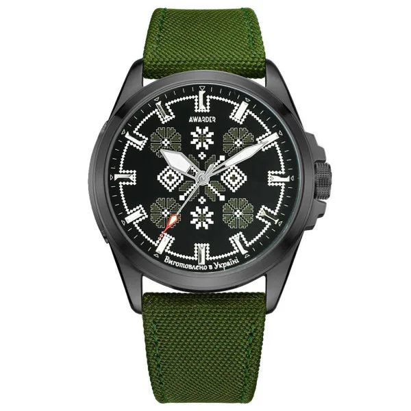 Патриотические наручные часы Awarder Embroidery Black-Army Green Green Battery 10ATM фото 1