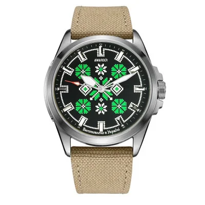 Патриотические наручные часы Awarder Embroidery Silver-Green Khaki Battery 10ATM
