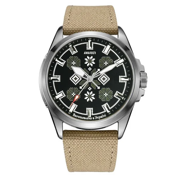 Патріотичний наручний годинник Awarder Embroidery Silver-Army Green Khaki Battery 10ATM фото 1