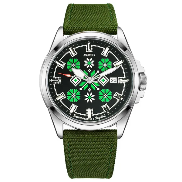Патріотичний наручний годинник Awarder Embroidery Silver-Green Green Automatic 10ATM фото 1