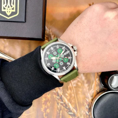 Патріотичний наручний годинник Awarder Embroidery Silver-Green Green Automatic 10ATM
