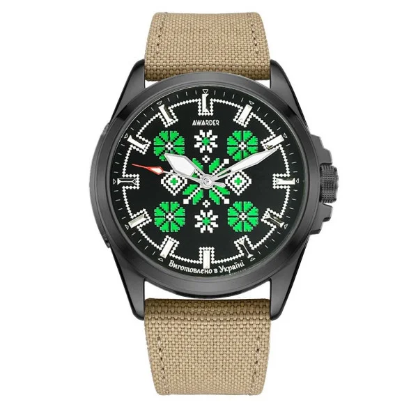 Патриотические наручные часы Awarder Embroidery Black-Green Khaki Battery 10ATM фото 1