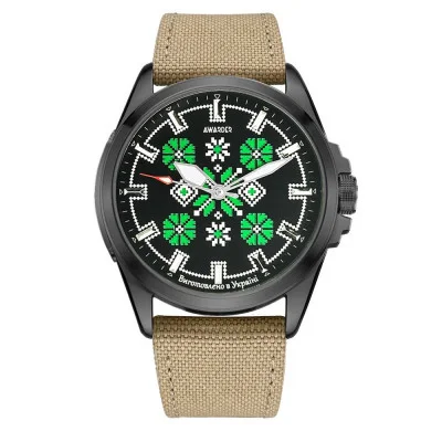 Патриотические наручные часы Awarder Embroidery Black-Green Khaki Battery 10ATM