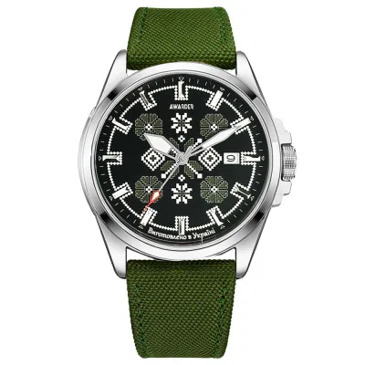 Патриотические наручные часы Awarder Embroidery Silver-Army Green Green Automatic 10ATM