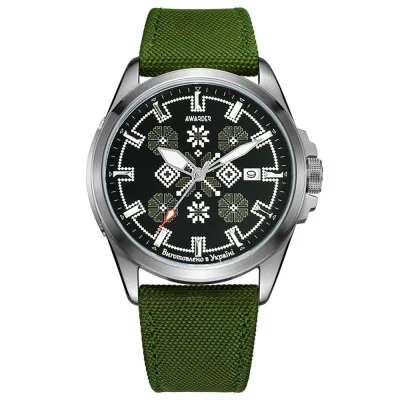 Патріотичний наручний годинник Awarder Embroidery Silver-Army Green Green Automatic 10ATM