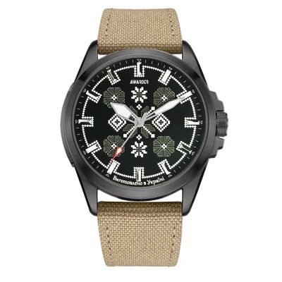 Патриотические наручные часы Awarder Embroidery Black-Army Green Khaki Battery 10ATM
