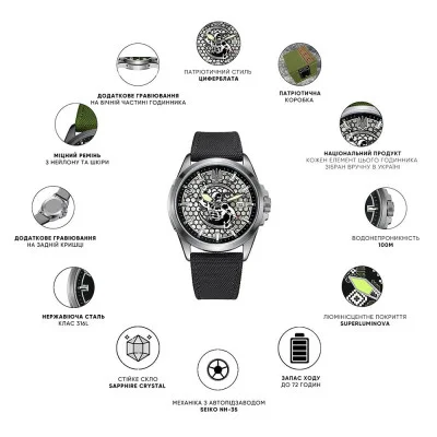 Патріотичний наручний годинник Awarder Cossack Black-Black Automatic 10ATM