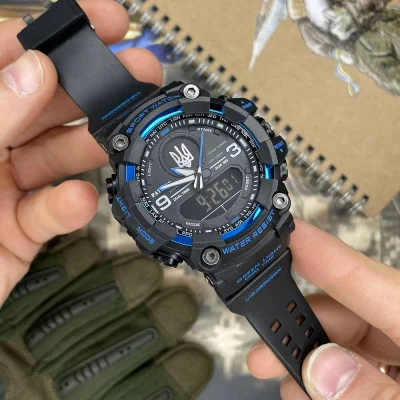 Часы наручные Patriot 001BUUASI Трезубец серебро Черные с синим + Коробка.