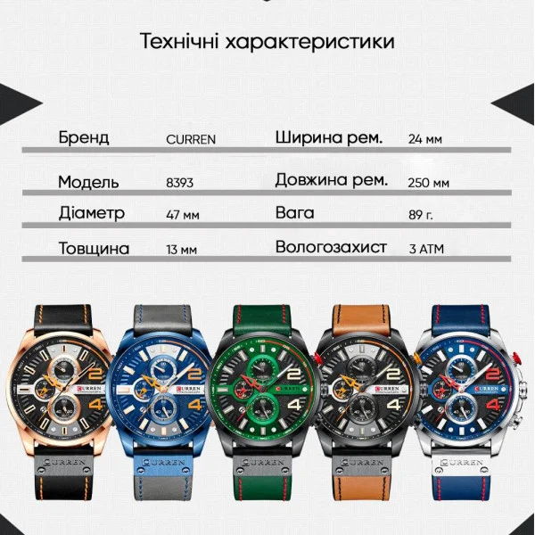 Чоловічий годинник Curren 8393 Green фото 3