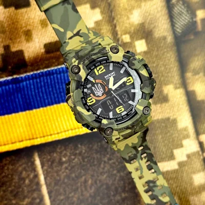 Часы наручные Patriot 002CMGRUASI Трезубец серебро Зеленый камуфляж + Коробка.