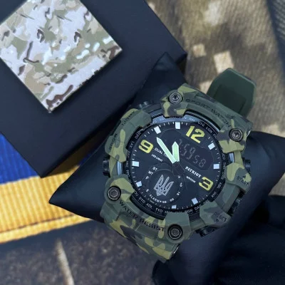 Годинник наручний Patriot 004CMGRUASI Тризуб срібло Зелений камуфляж + Коробка.