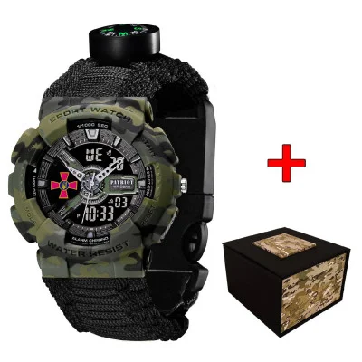 Часы наручные Patriot 005CMGRSU ВСУ Зеленый камуфляж Паракордовый ремешок Black + Коробка