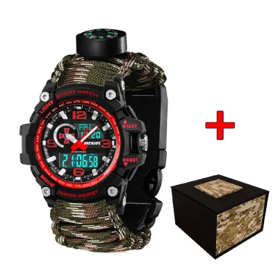Часы наручные Patriot 012BKRDSU ВСУ Черные с красным Паракордовый ремешок Camo Green + Коробка
