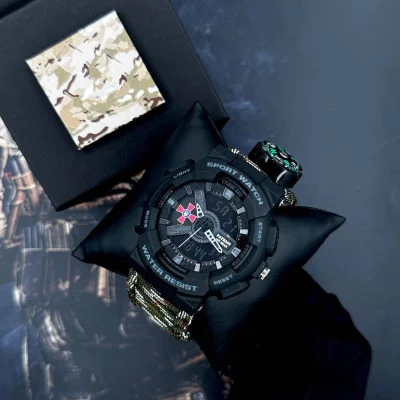 Часы наручные Patriot 005BKSU ВСУ Черные Паракордовый ремешок Camo Green+ Коробка.