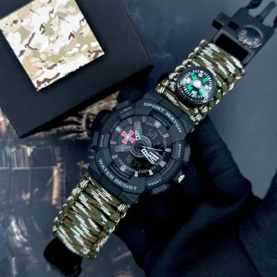 Часы наручные Patriot 005BKSU ВСУ Черные Паракордовый ремешок Camo Green+ Коробка.