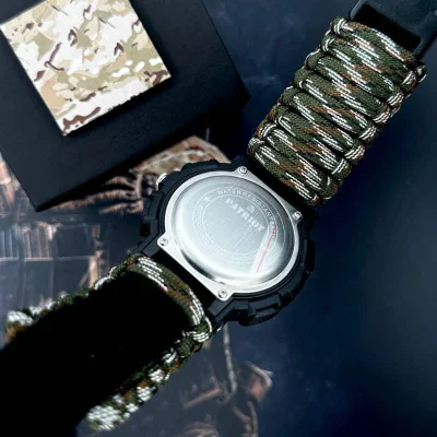 Часы наручные Patriot 005BKSU ВСУ Черные Паракордовый ремешок Camo Green+ Коробка.
