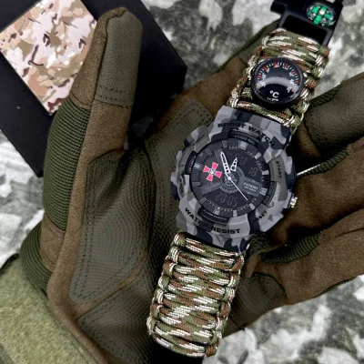Часы наручные Patriot 005CMGYSU ВСУ Серый камуфляж Паракордовый ремешок Camo Green + Коробка.