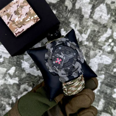 Часы наручные Patriot 005CMGYSU ВСУ Серый камуфляж Паракордовый ремешок Camo Green + Коробка.