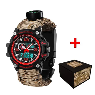 Часы наручные Patriot 012BKRDSU ВСУ Черные с красным Паракордовый ремешок Desert Camo + Коробка