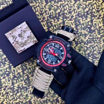 Часы наручные Patriot 012BKRDSU ВСУ Черные с красным Паракордовый ремешок Khaki + Коробка