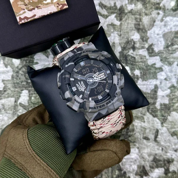 Годинник наручний Patriot 005 Тризуб срібло Сірий камуфляж Паракордовий ремінець Desert Camo + Короб фото 4