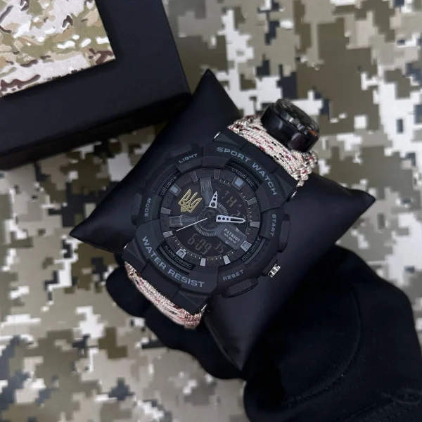 Годинник наручний Patriot 005 Тризуб золото Чорний Паракордовий ремінець Desert Camo + Коробка фото 3