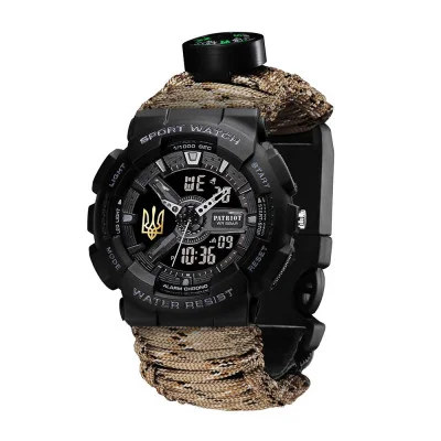 Часы наручные Patriot 005 Трезубец золото Черный Паракордовый ремешок Desert Camo + Коробка