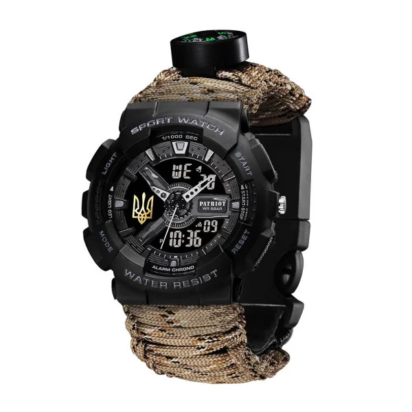 Годинник наручний Patriot 005 Тризуб золото Чорний Паракордовий ремінець Desert Camo + Коробка фото 7