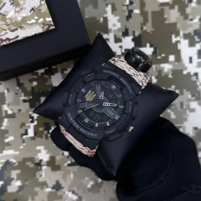 Часы наручные Patriot 005 Трезубец золото Черный Паракордовый ремешок Desert Camo + Коробка