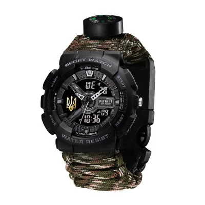Часы наручные Patriot 005 Трезубец золото Черный Паракордовый ремешок Camo Green + Коробка