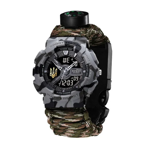 Годинник наручний Patriot 005 Тризуб золото Сірий камуфляж Паракордовий ремінець Camo Green+Коробка фото 3