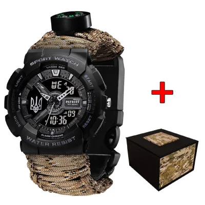 Часы наручные Patriot 005 Трезубец серебро Черный Паракордовый ремешок Desert Camo + Коробка