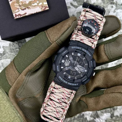 Часы наручные Patriot 005 Трезубец серебро Черный Паракордовый ремешок Desert Camo + Коробка