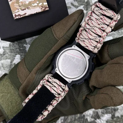 Часы наручные Patriot 005 Трезубец серебро Черный Паракордовый ремешок Desert Camo + Коробка