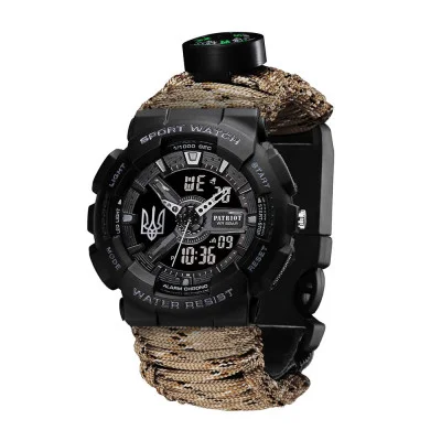Часы наручные Patriot 005 Трезубец серебро Черный Паракордовый ремешок Desert Camo + Коробка