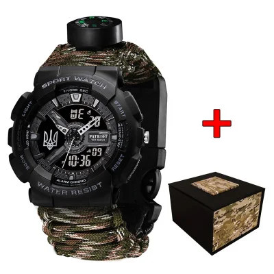 Часы наручные Patriot 005 Трезубец серебро Черный Паракордовый ремешок Camo Green + Коробка.