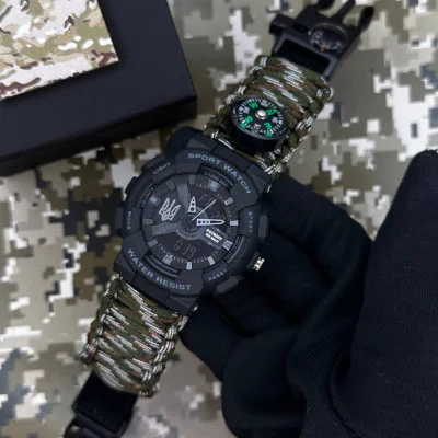 Часы наручные Patriot 005 Трезубец серебро Черный Паракордовый ремешок Camo Green + Коробка.