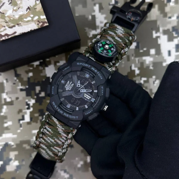Годинник наручний Patriot 005 Тризуб срібло Чорний Паракордовий ремінець Camo Green + Коробка. фото 3