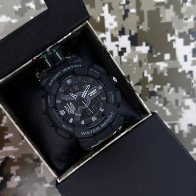 Часы наручные Patriot 005 Трезубец серебро Черный Паракордовый ремешок Camo Green + Коробка.
