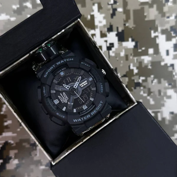 Годинник наручний Patriot 005 Тризуб срібло Чорний Паракордовий ремінець Camo Green + Коробка. фото 4