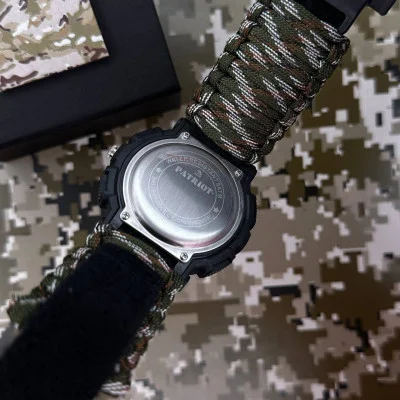 Часы наручные Patriot 005 Трезубец серебро Черный Паракордовый ремешок Camo Green + Коробка.