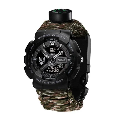 Часы наручные Patriot 005 Трезубец серебро Черный Паракордовый ремешок Camo Green + Коробка.