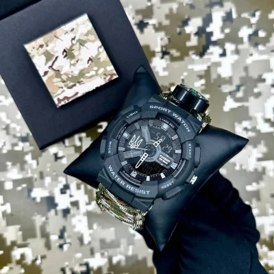Часы наручные Patriot 005 Трезубец серебро Черный Паракордовый ремешок Camo Green + Коробка.